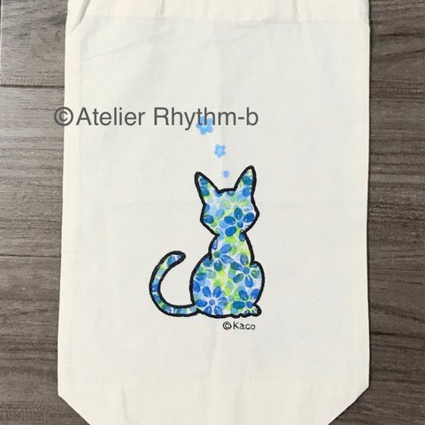 ★☆特別Sale価格☆★<<オリジナルハンドペイント>>エコバッグトート型/ブルー系×ねこ