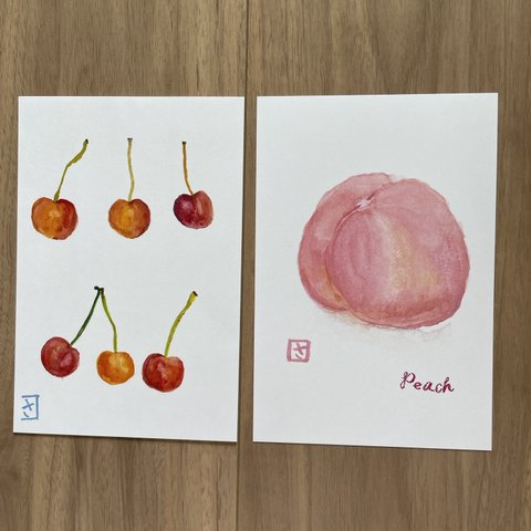 季節の絵はがき(ポストカード) 「さくらんぼと桃」2枚1セット