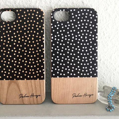 天然木♡名入れ！選べる2色★iPhone WOOD BLACK DOT ウッドスマホケース 