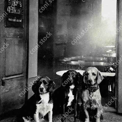 パリのカフェの前に並ぶ三匹の犬たちのイメージ、レトロ風写真、モノクロ、アート、古い写真　conistock_40268_06