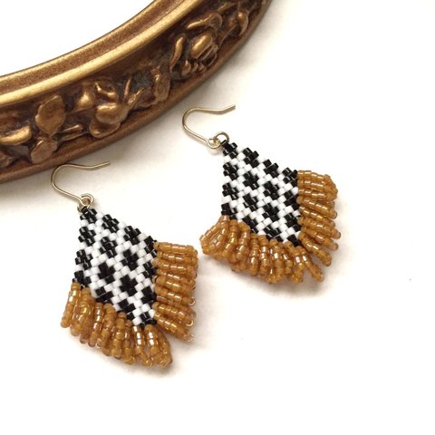 ◇fringe × check earrings ◇(mustard yellow)