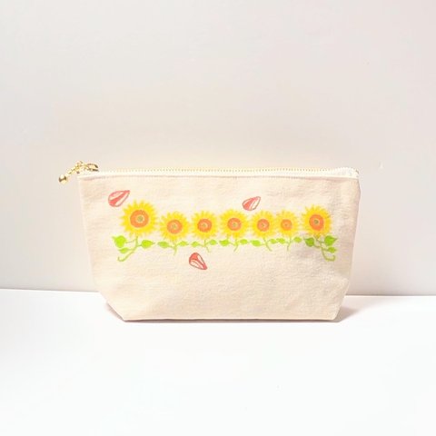 🌻ひまわりのポーチ〜「Sunflower field in wonderland/ファスナー20cm/10号帆布/生成り/マチあり/コスメポーチ/小物入れ/ペンケース/手描き/布絵の具」