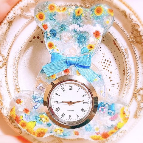 現品限り♡向日葵🌻夏のくまのぬいぐるみ-置き時計