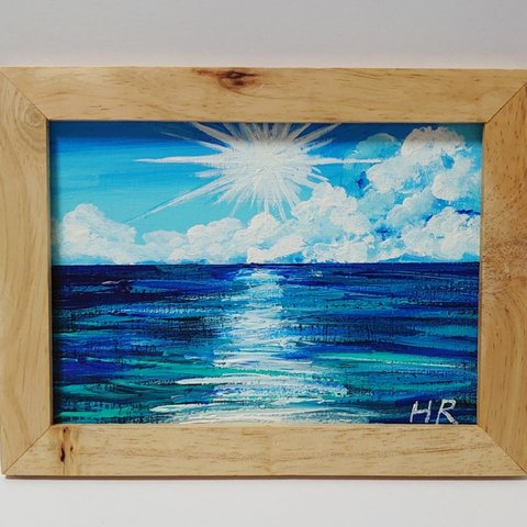 油絵 2L絵画額付き【太陽と海】