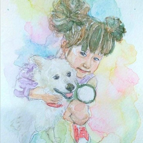 似顔絵　似顔絵オーダー　水彩画　インテリア　アート　ハガキサイズ