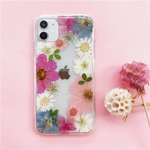 ❤秋桜（コスモス）スマホリング 押し花ケース iPhone14Pro/13/SE/XPERIA10IV/GalaxyS23/AQUOS iPhoneケース スマホケース 