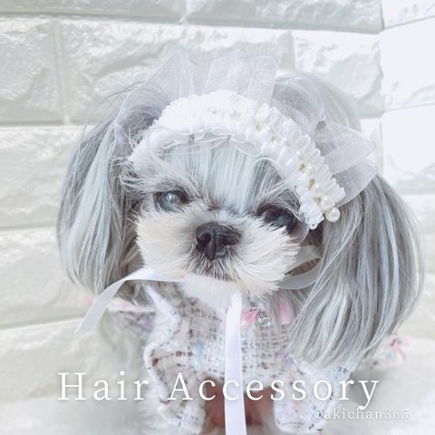 パールとフリルのヘアバンド&チョーカー（100日、ハーフバースデー、誕生日、ひな祭り、犬、猫、ベビークラウン）