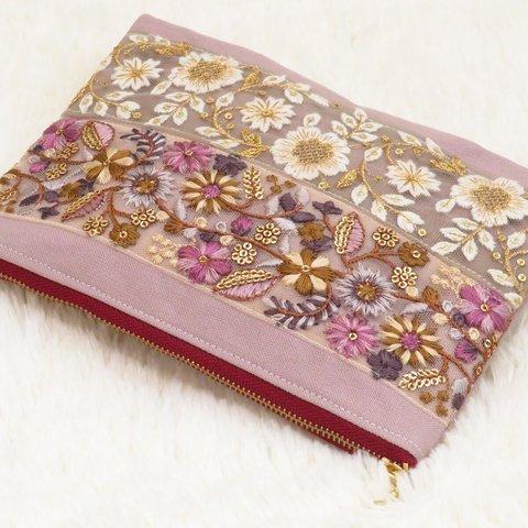 インド刺繍リボンのフラットポーチ“ピンク”