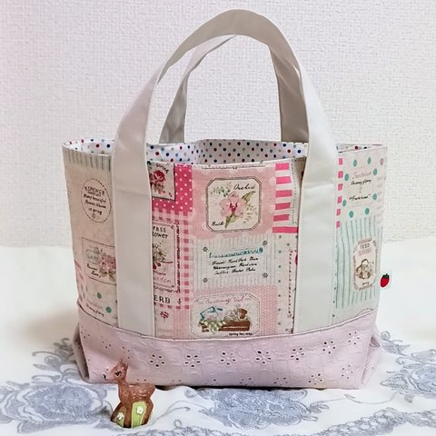 【pinkレース💝×パッチワーク柄の手提げbag】