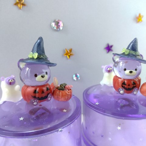 蓋付き小物入れ くまさん ハロウィン おばけ パープル レジン 粘土