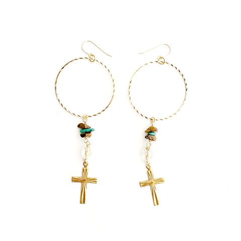 14kgf♦︎turquoise,tiger eye cross charm hoop