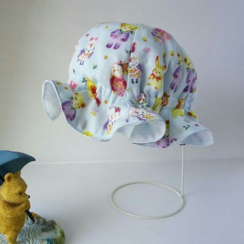 Wガーゼ帽子：水彩画風アニマル柄チューリップハット/頭囲：約46~50㎝