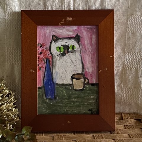 絵画。原画【部屋の中で美味しいコーヒーを見てぼんやりしているシャム猫】