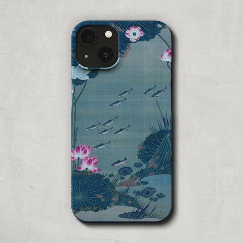 スマホケース / 伊藤 若冲「蓮池遊魚図」 iPhone 全機種対応 14 13 12 11 SE Pro Max Plus mini 魚 さかな 蓮 睡蓮 池 絵画 日本 日本画 和 和モダン 和柄