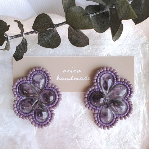 【送料無料】purple marble  × purple /earring 【刺繍ピアス】【刺繍イヤリング】【ビーズ】【ビーズ刺繍】