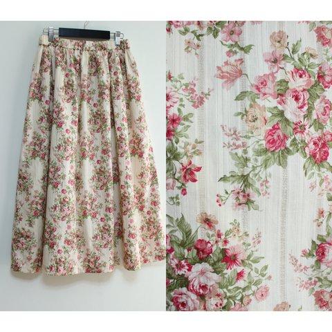 ドビー織り romantic floral ロングスカート（レッド系）【一部染めムラあり】