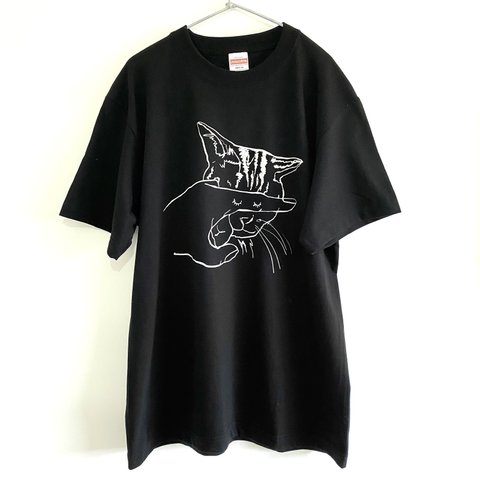 【見ちゃダメ】Tシャツ ブラック 猫柄 シルクスクリーン オリジナル 綿100% 手刷り 猫