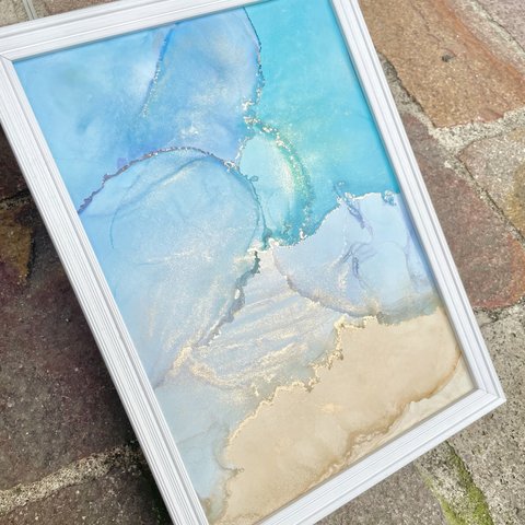 アルコールインクアート　A4サイズ 大理石風　海　砂浜