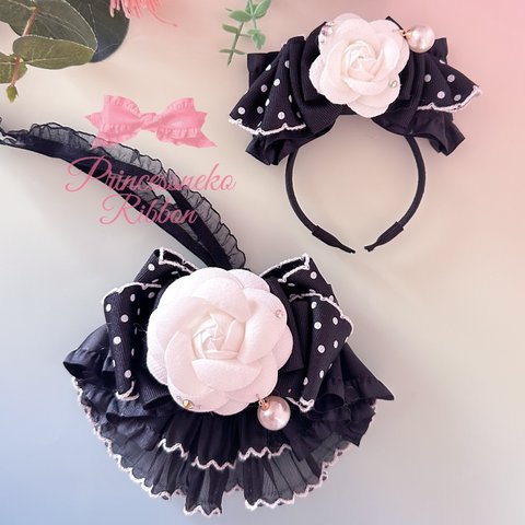 ペット用チョーカー&カチューシャセット🖤ブラックドット②🖤カメリア🎀robe&フロアリボン 🎀