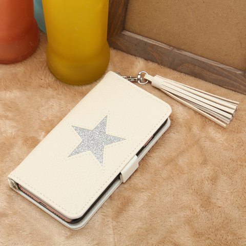 【iphone 12/12pro/11/11pro】銀のラメスター☆アイボリーレザー スマホケース iphoneケース