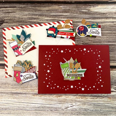 【クリスマス】CardCandy５個＋メッセージカード（台紙）・封筒１組セット　プレゼントやクリスマスカードに貼るだけワッペンのようなカードキャンディです。