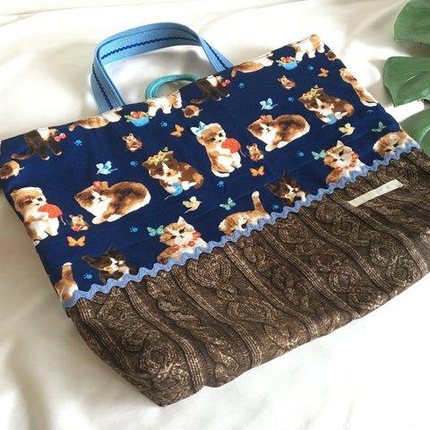 床につかない！！入園入学レッスンバッグ手提げ絵本袋リバーシブル61猫ちゃん編み物