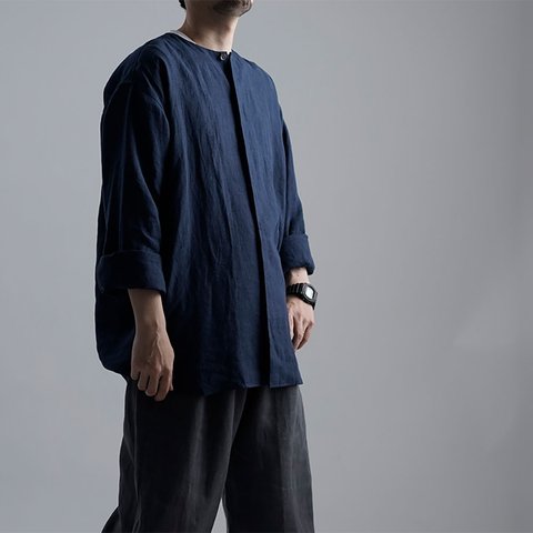 【wafu】Oversized Linen shirt　比翼ビックシャツ 男女兼用 / 留紺(とめこん) t021e-tmk1