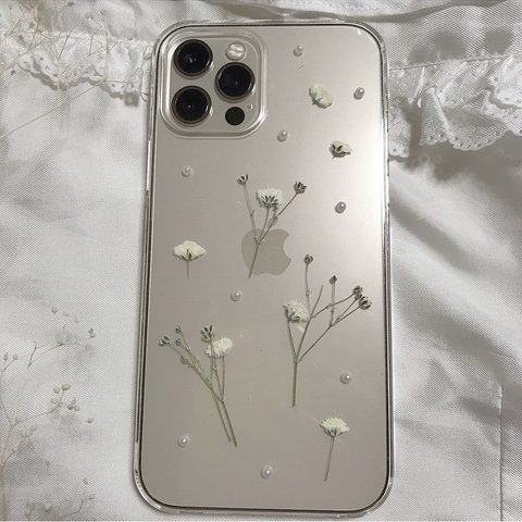 iPhoneケース　クリアケース　かすみ草　全機種対応　パール　押し花