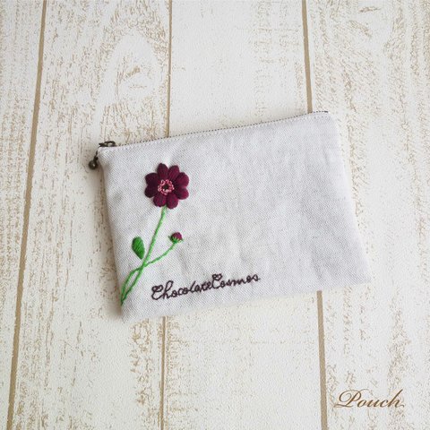 チョコレートコスモス・フラットポーチ/刺繍☆h0052-C