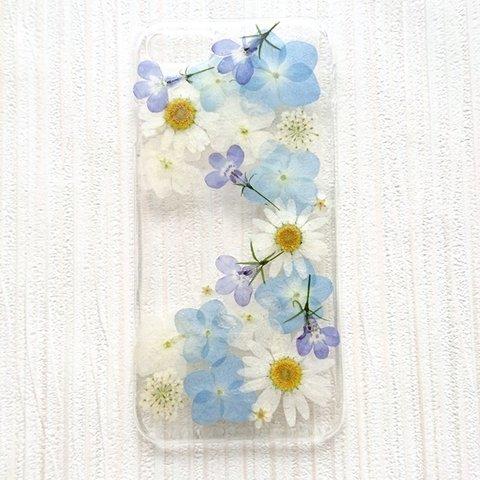 ブルー系紫陽花の押し花 iphoneケース/押し花ケース