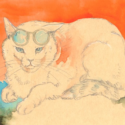 絵画作品『Watercolor cat -Orange blue green』