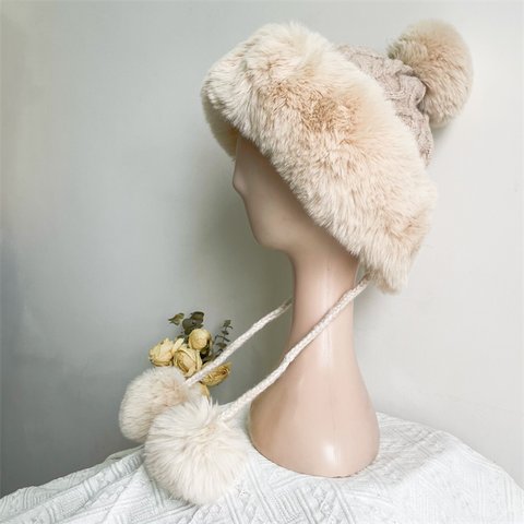  ベージュニットハット、ニット帽子、冬の帽子、贈り物、防寒対策、裏起毛