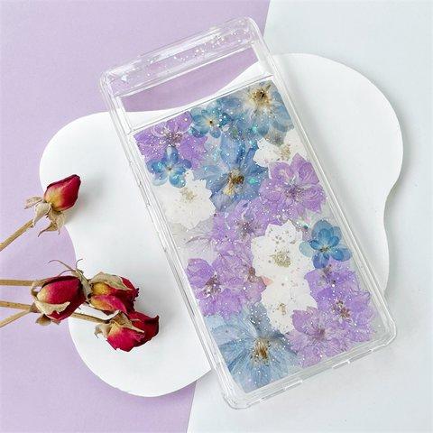 紫陽花&千鳥草押し花スマホケース、全機種対応、手帳型、四隅にショルダーホール、iPhone15、iPhone15Pro、iPhone15plus、iPhone14Pro 、GooglePixel