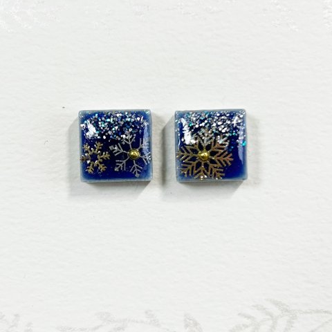 雪　結晶　冬　ブルー　ピアス　イヤリング　美濃焼タイル　アンティーク