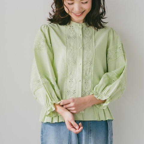 限定色「春色」【ペールグリーン】Cotton　lace　balloonsleeve　blouse