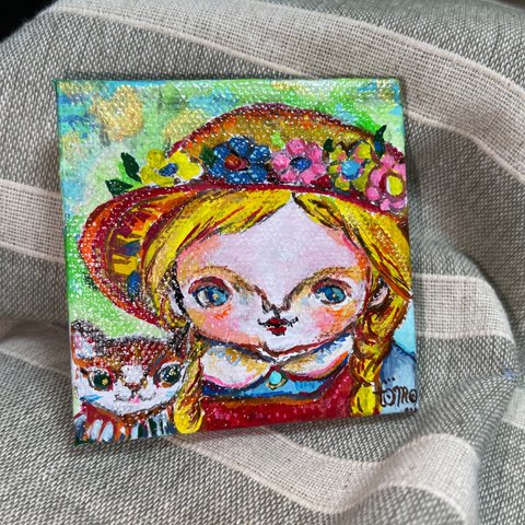 ミニチュアキャンバス絵　麦わら帽子の季節猫と過ごす