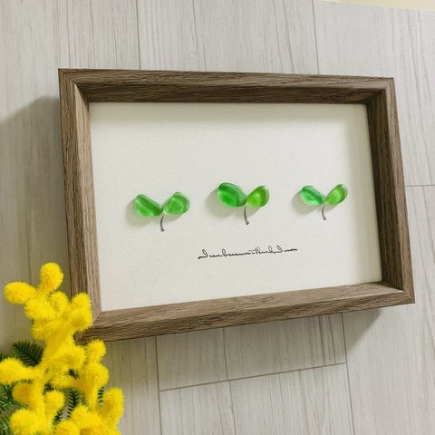 シーグラスアート 海の宝石 ナチュラル雑貨 インテリア雑貨 壁掛け 置物 北欧 ガラス細工 観葉植物 新芽 二葉 ふたば 贈り物 誕生日プレゼント