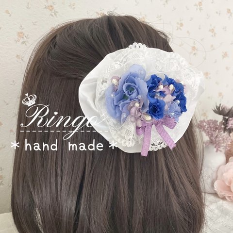 花束のようなバレッタ 白レース×ブルーローズ リボンヘアピン ヘアクリップ 姫系