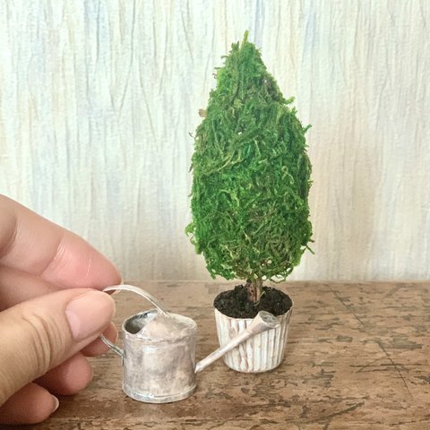 アンティークな観葉植物とジョウロのセット　ミニチュア