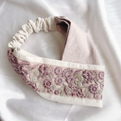 インド刺繍リボンのクロスターバン（片側）　　ヘアバンド　ターバン