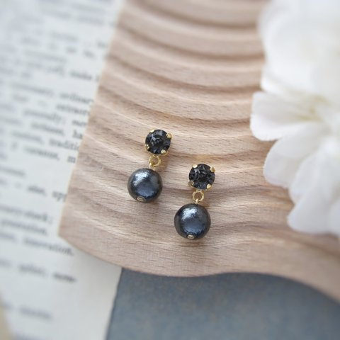 Simple bijou×Cotton pearl イヤリング／ピアス(ブラック)*4303*