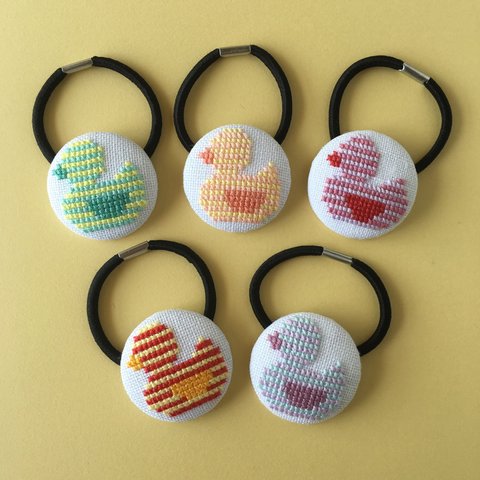 ボーダーあひるのしましま刺繍ヘアゴム