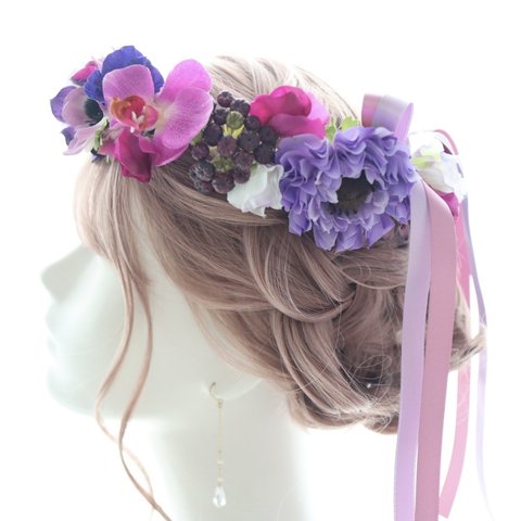 花冠　花かんむり　紫　古希　喜寿　リース　ヘッドドレス　髪飾り　アネモネ　ラナンキュラス　ラン