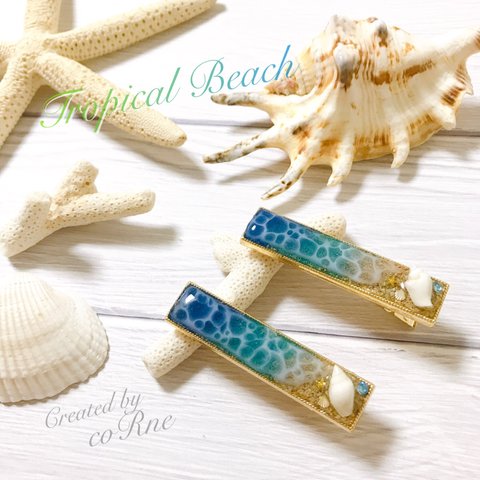 "BEACH / TROPICAL RESORT” 波打つ南国ビーチのヘアクリップ＊スクエア＊GD＊再販×2