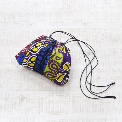 アフリカ布の巾着ショルダー（パッチワーク）斜めがけ たすき掛け インナーバッグ