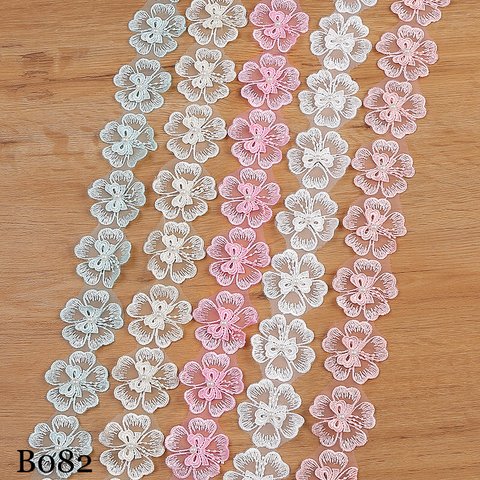 B082レースリボン 花柄 ハンドメイド ビーズ付き 手芸 手作り ウェディングドレスパーツ 刺繍 2m