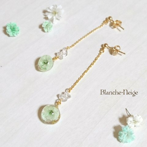 【K16GP】かすみ草のロングチェーンピアス～mint green.*･ﾟ