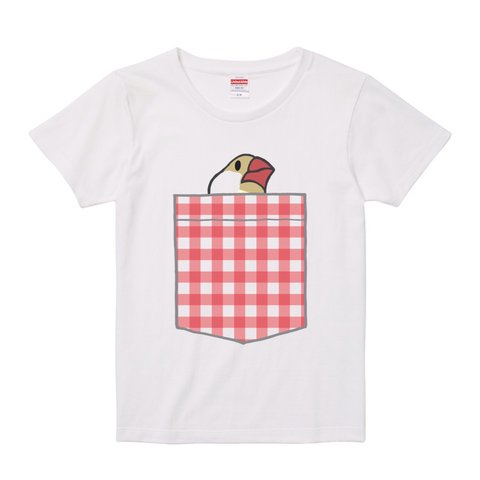 レディース文鳥Tシャツ  「デカポケット風みあげる文鳥」赤チェック【受注生産】