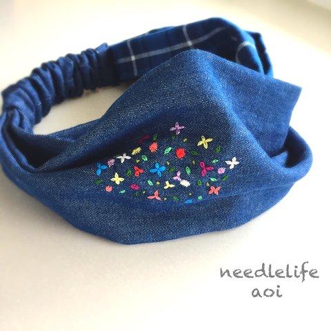 小花刺繍のデニムヘアバンドⅡ