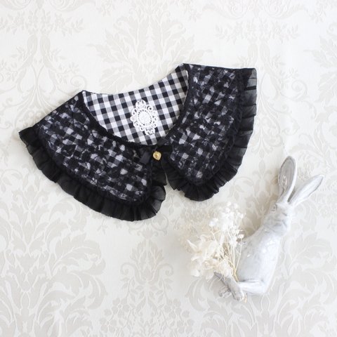 付け襟／ginghamcheck×lace roundcollar（black）